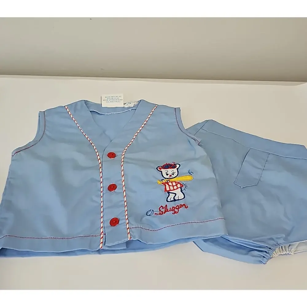 Vintage Baby Matching Set Shirt Diaper Cover Embroidered Baseball Slugger